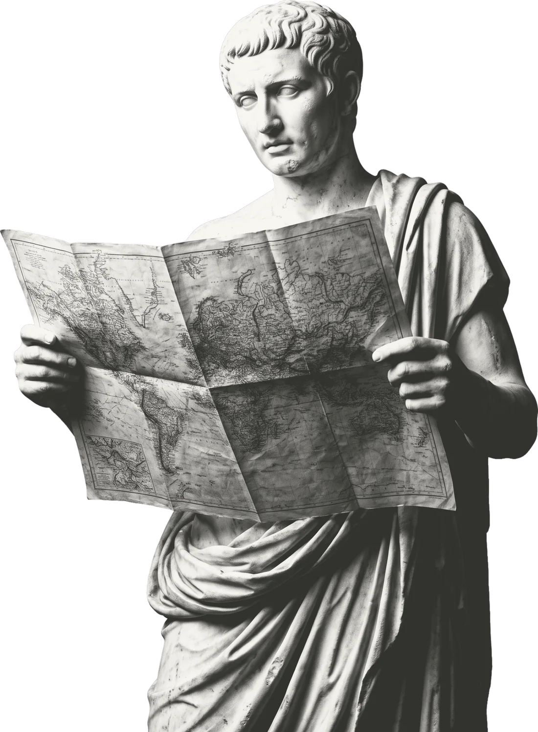Estatua de mármol leyendo un mapa del mundo desplegado